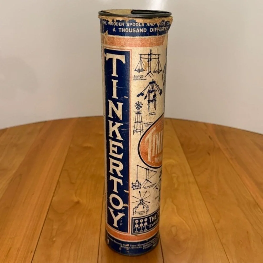 Antique Tinkertoy No. 3 Set – Wooden Construction Toy w/ Original Tube+Paperwork